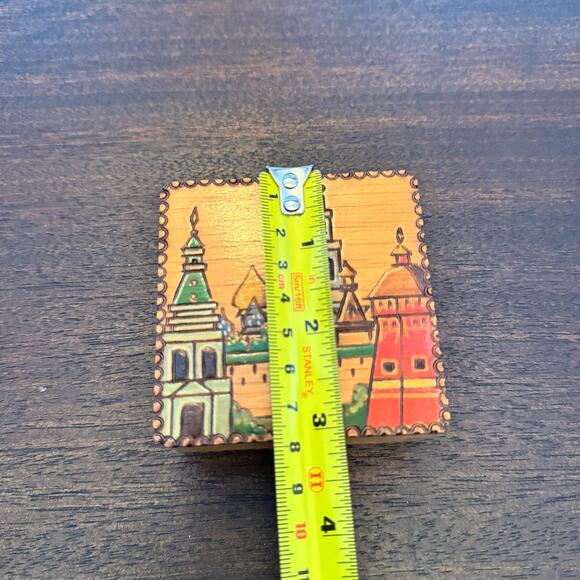 Russian Wooden Trinket Box Wood Burned Painted Soviet Union Stickers on Bottom - Picture 15 of 15